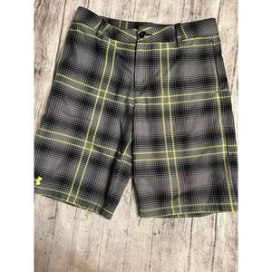 Boys Shorts Under‎ Armour Plaid Shorts Size YLG black  gray lime green